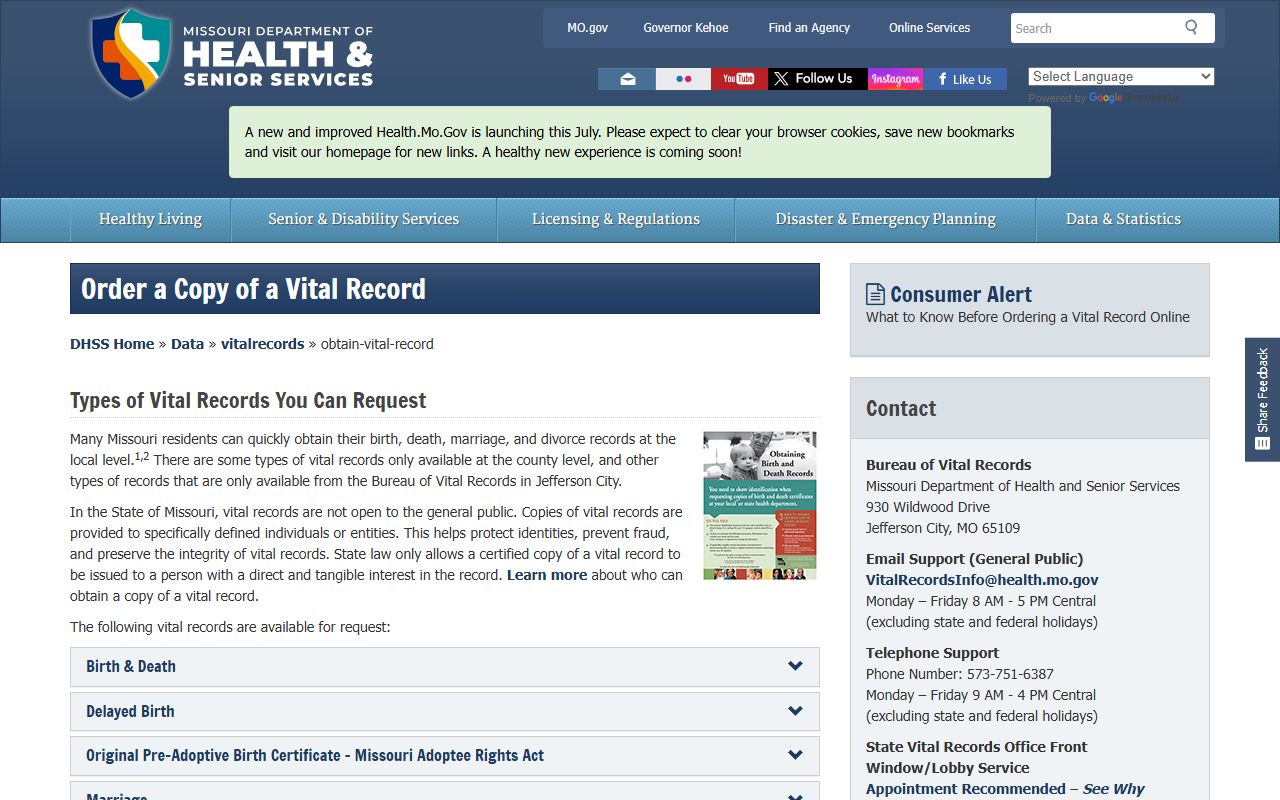 Wright County marriage divorce records Missouri DHSS vital records page