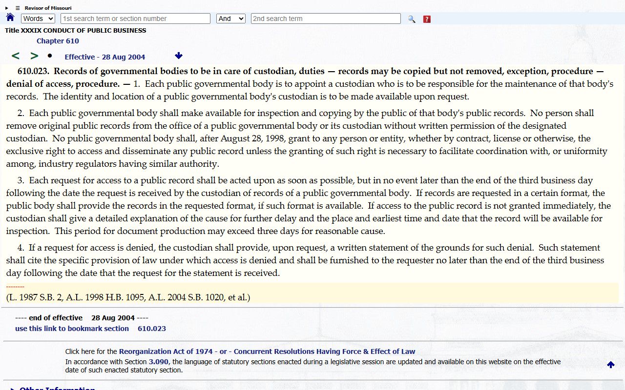 Wright County warrant records Missouri public record custodian statute